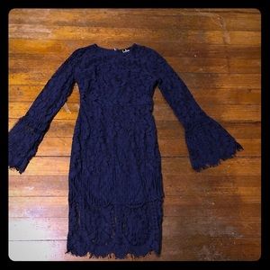 Lulu’s Navy Blue Lace Long Sleeve Midi Dress